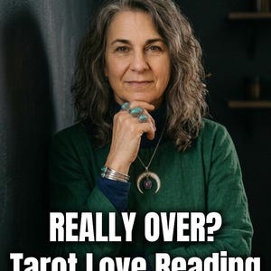 May include: A woman with grey hair, wearing a green top and jewellery, is the central figure. Text overlays state "40 YEARS OF EXPERIENCE", "REALLY OVER? Tarot Love Reading", and "SAME HOUR / SAME DAY". Dark background.