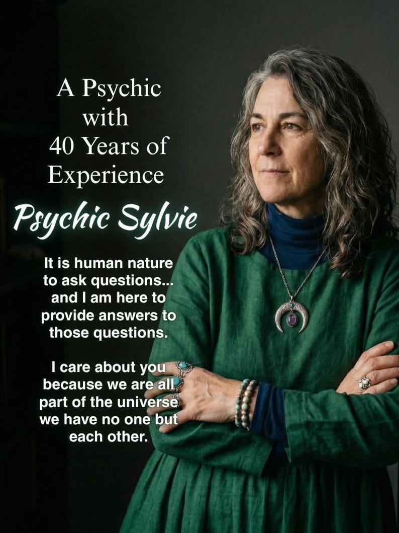 May include: A woman with gray hair and a green top is featured in this image. Text on the left side reads "A Psychic with 40 Years of Experience Psychic Sylvie." The text continues with a message about answering questions and caring for others.
