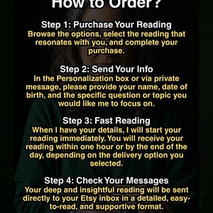 May include: A dark green image with white text detailing the steps to order a reading. The steps include purchasing, sending info, fast reading, and checking messages. The text is in a clear, easy-to-read format.