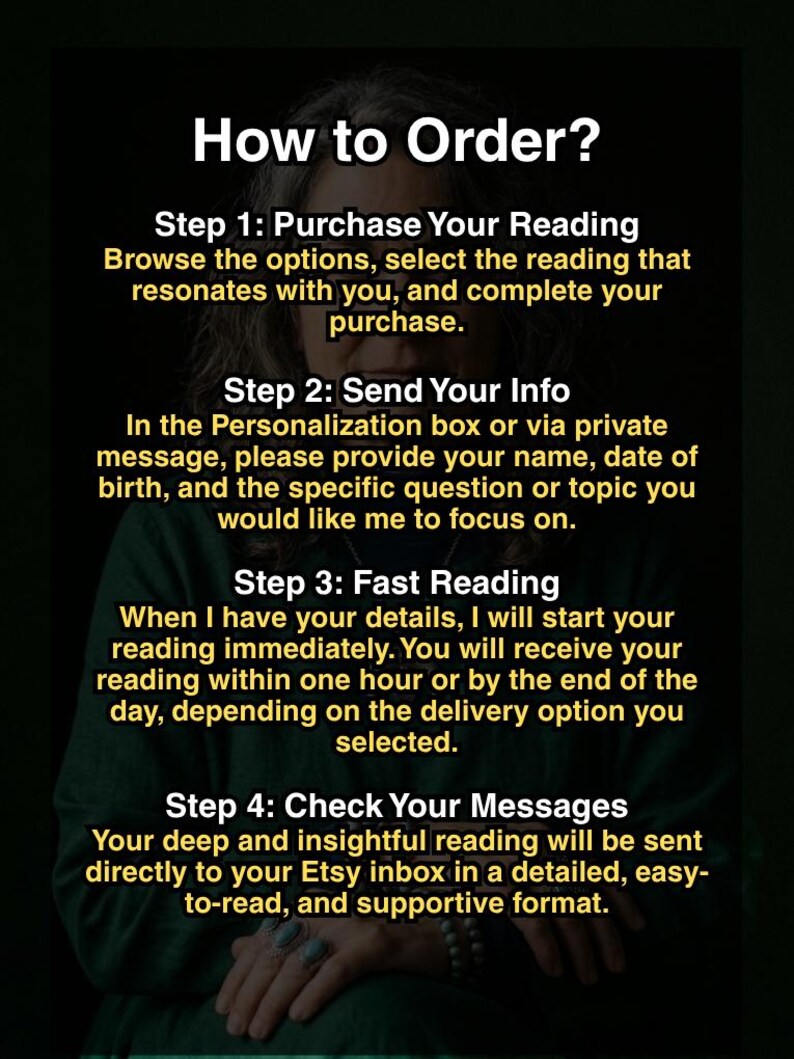 May include: A dark green image with white text detailing the steps to order a reading. The steps include purchasing, sending info, fast reading, and checking messages. The text is in a clear, easy-to-read format.