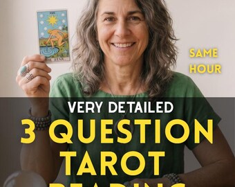 May include: A tarot card reading service featuring the text 'VERY DETAILED 3 QUESTION TAROT READING' and 'SAME HOUR' in yellow. The image displays a person holding 'The Star' tarot card, with a crystal ball and several tarot cards laid out.