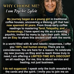 May include: Image features a smiling woman with gray hair, text overlay: "WHY CHOOSE ME? I am Psychic Sylvie." The text describes her journey as a psychic, offering readings on Etsy, emphasizing real human energy and a limited-time discount.