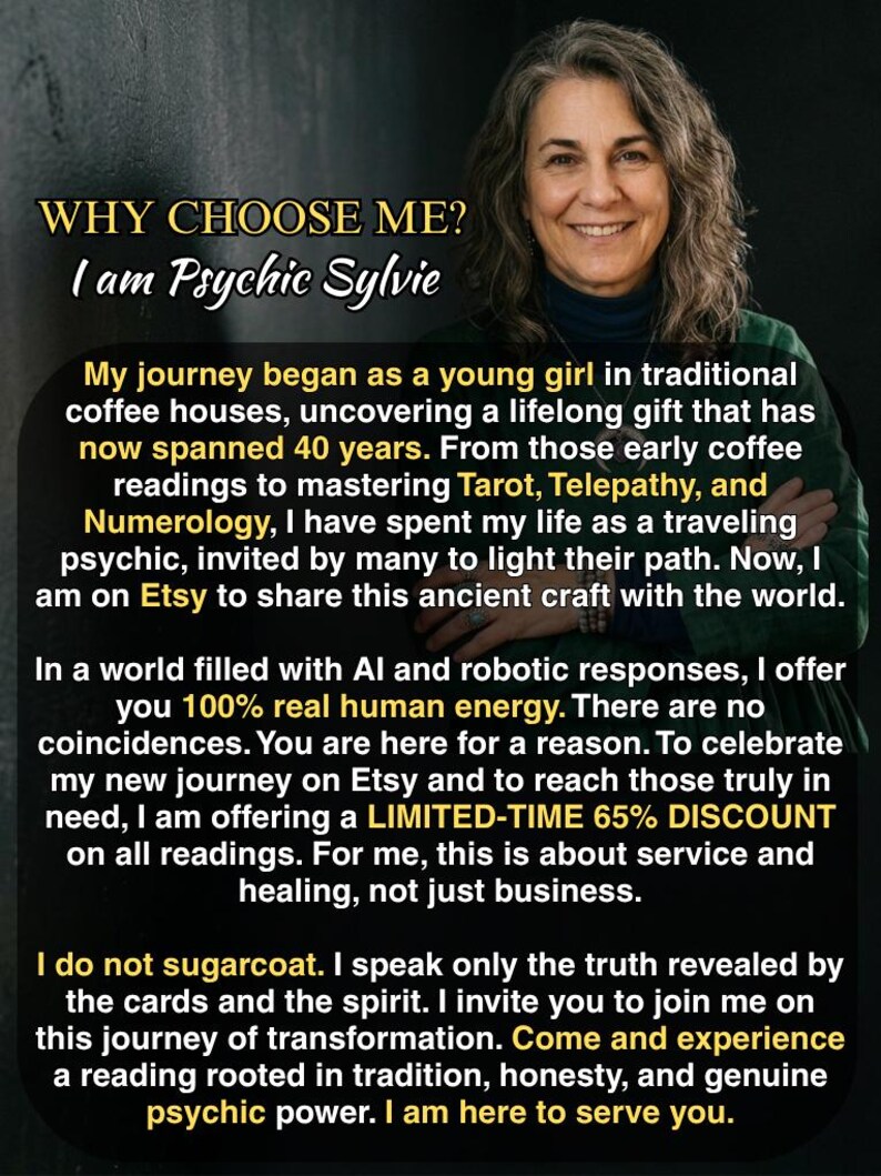May include: Image features a smiling woman with gray hair, text overlay: "WHY CHOOSE ME? I am Psychic Sylvie." The text describes her journey as a psychic, offering readings on Etsy, emphasizing real human energy and a limited-time discount.