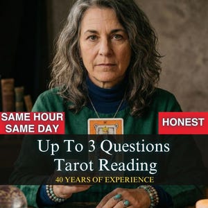 May include: A woman with gray hair and a green top is featured in this image. Text on the image reads "Up To 3 Questions Tarot Reading" and "40 YEARS OF EXPERIENCE". The words "SAME HOUR SAME DAY" and "HONEST" are also displayed.