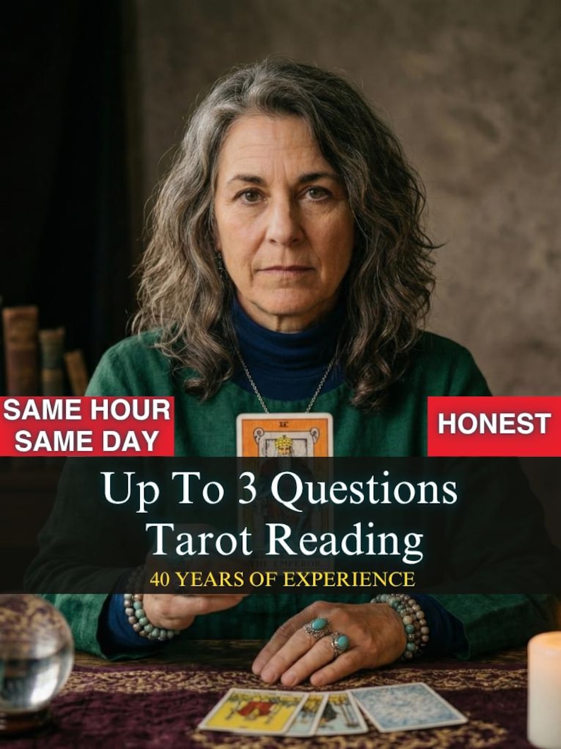 May include: A woman with gray hair and a green top is featured in this image. Text on the image reads "Up To 3 Questions Tarot Reading" and "40 YEARS OF EXPERIENCE". The words "SAME HOUR SAME DAY" and "HONEST" are also displayed.
