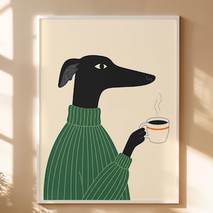 Greyhound Dog Art Print | Coffee Dog Art | Green Sweater Greyhound Art | Kitchen Decor for Dog Lovers | Funny Pet Gift | Modern Animal Print image 6