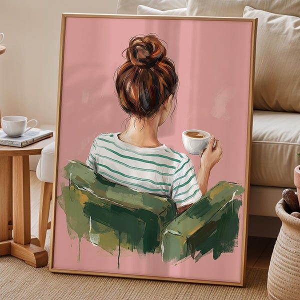 Coffee Wall Art Print | Woman Drinking Coffee Bar Print | Minimalist Cozy Feminine Wall Decor | Pink Living Room Poster | Gift for Her