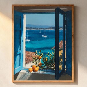 Coastal Mediterranean Window Wall Art, Summer Seaside Painting, Ocean View Seascape, Nautical Home Decor, Orange Tree Still Life, Beach Gift image 4