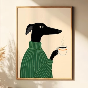 May include: A framed art print depicting a black dog in a green sweater, holding a coffee cup. The dog has a long snout and is illustrated in a minimalist style. The background is a light beige, and the frame is natural wood. A modern home decor item.