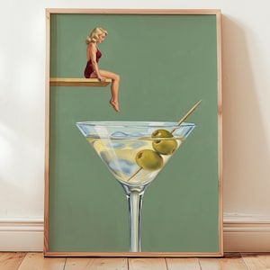 Impression d'art murale cocktail | Dirty Martini Art surréaliste | Décoration de chariot de bar olive | rétro affiche de cuisine Happy Hour | Décoration murale cocktail vintage