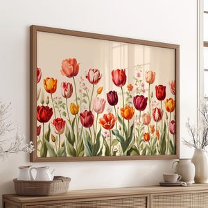 Tulip Wall Art Print | Retro Tulip Field Painting | Floral Illustration Print | Modern Eclectic Tulip Art Print | Pink Tulip Home Decor
