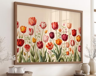 Tulip Wall Art Print | Retro Tulip Field Painting | Floral Illustration Print | Modern Eclectic Tulip Art Print | Pink Tulip Home Decor
