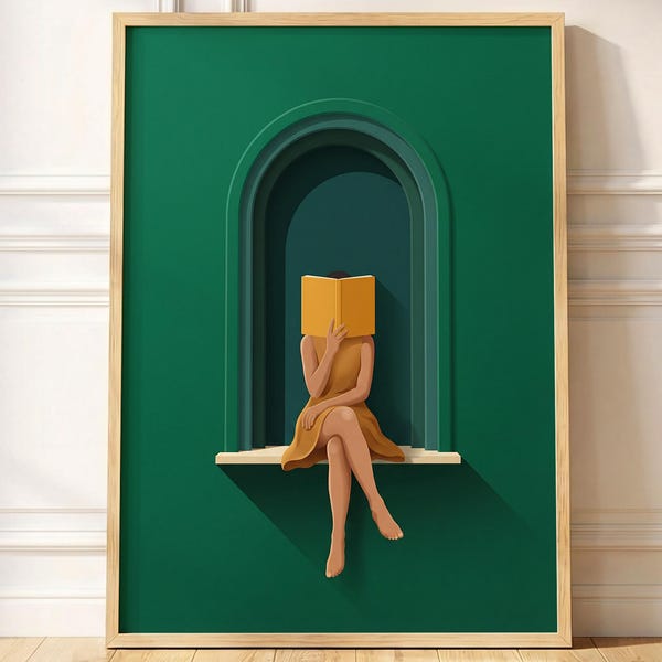 Emerald Green Reading Woman Wall Art | Minimalist Abstract Portrait | Cozy Contemporary Print For Modern Living Room Decor For Book Nook
