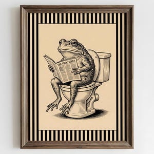 Vintage Frog Bathroom Poster | Funny Bathroom Wall Art | Black Ink Frog Sketch | Striped Vintage Bathroom Decor | Frog Reading Newspaper Art