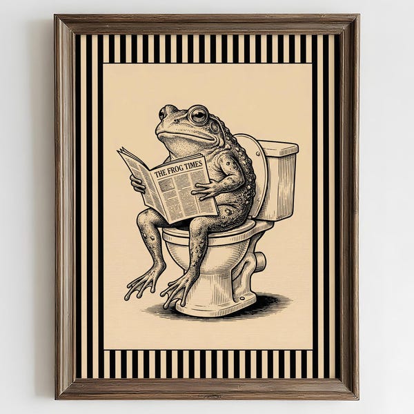 Vintage Frog Bathroom Poster | Funny Bathroom Wall Art | Black Ink Frog Sketch | Striped Vintage Bathroom Decor | Frog Reading Newspaper Art