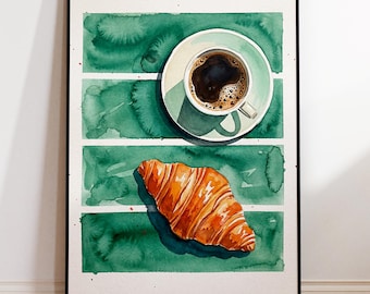 Croissant Kunstdruck | Charmantes Frühstück Wand Kunst | Grün und Weiß Küche Dekor | Gemütliches Cafe Wandkunst | Foodie Geschenk für Zuhause