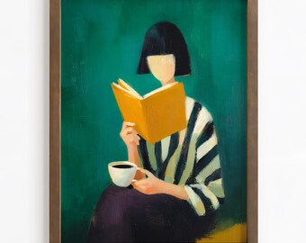 Woman Reading Art Print | Emerald Green Book Lover Portrait | Modern Abstract Figure | Wall Art for Reading Nook | Book Lover Gift Print