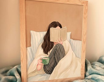Cozy Woman Reading Wall Art | Watercolor Book Lover Painting | Minimalist Modern Abstract People Art | Contemporary Reading Gift For Home