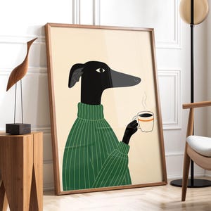 Impression d'art de chien lévrier | Art chien café | Pull vert Art lévrier | Décoration de cuisine pour les amoureux des chiens | Cadeau drôle pour animal de compagnie | Imprimé animal moderne