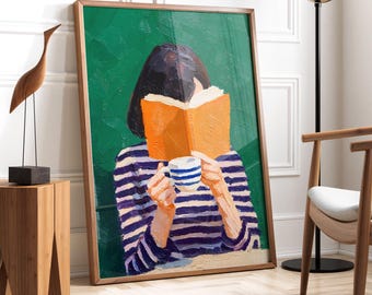 Emerald Green Modern Reading Woman Art Print | Book Lover Wall Decor | Coffee And Book Gift | Minimal Abstract Female Figure For Living Room