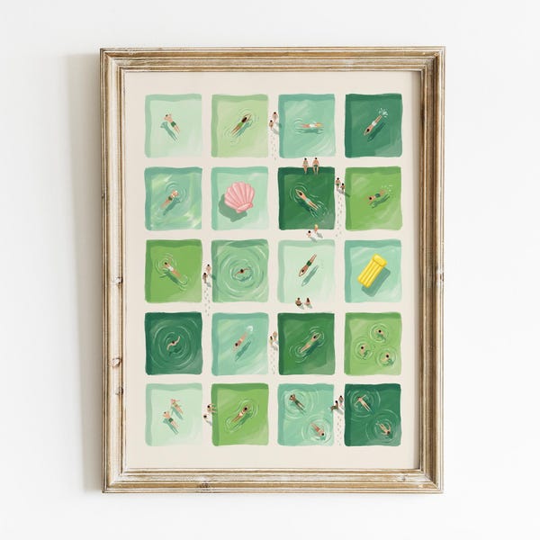 Mid Century Wall Art Print | Pastel Green Stripe Swimmer Art | Vintage Pool Bathroom Decor | Whimsical Nature Poster | Retro Home Art Print