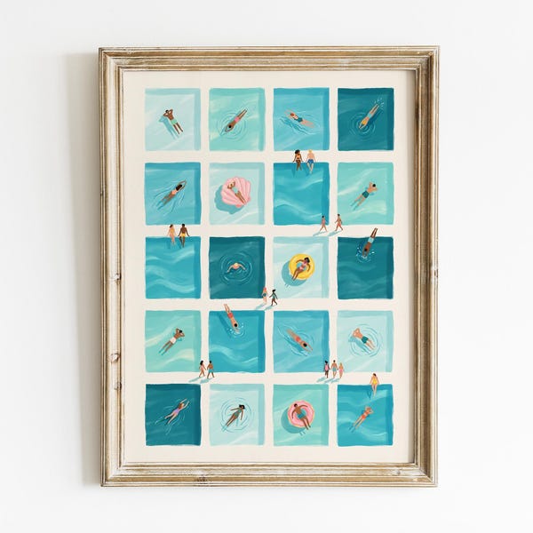 Mid Century Wall Art Print | Pastel Blue Stripe Swimmer Art | Vintage Pool Bathroom Decor | Whimsical Nature Poster | Retro Home Art Print