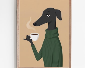 Greyhound Coffee Art Print | Green Sweater Dog Wall Art | Cute Dog Kitchen Decor | Modern Animal Print | Pet Lover Gift | Dog Wall Decor
