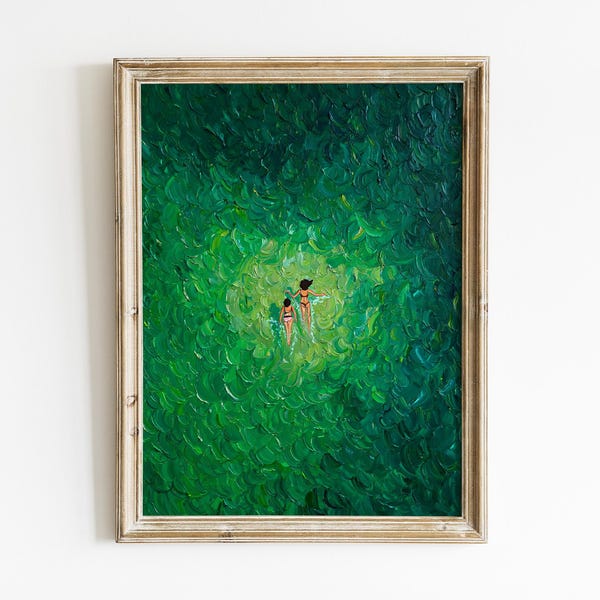 Green Abstract Wall Art Print | Vintage Retro Minimalist Green Wall Art | Textured Ocean Inspired Painting Print | Modern Home Decor Prints