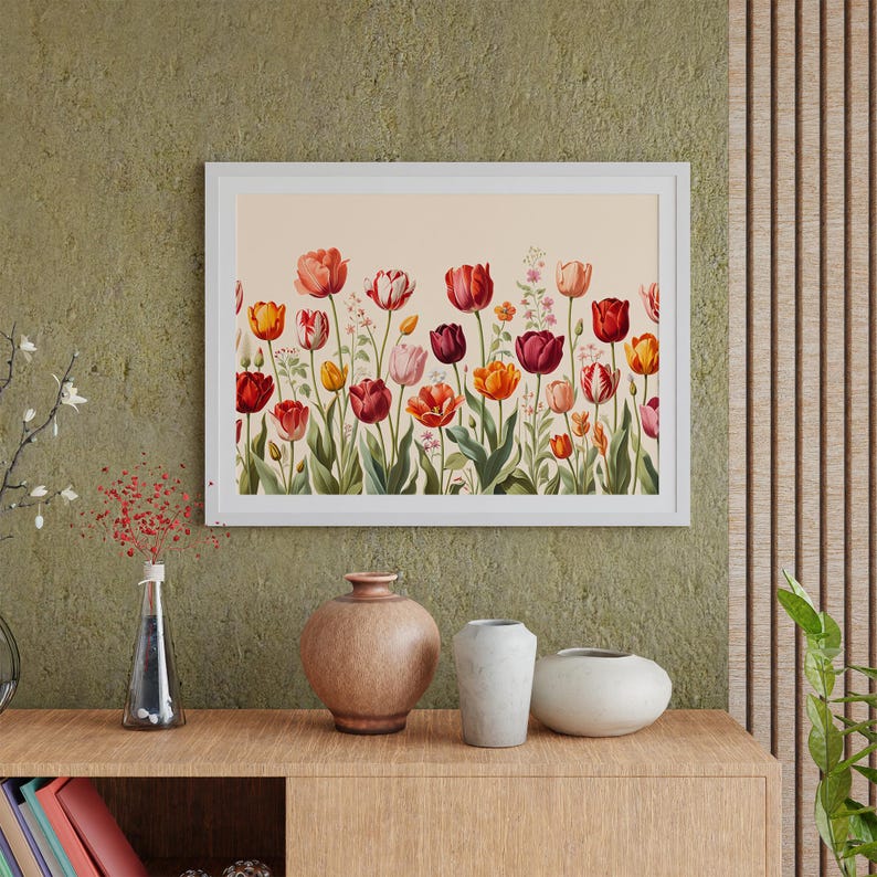 Tulip Wall Art Print | Retro Tulip Field Painting | Floral Illustration ...