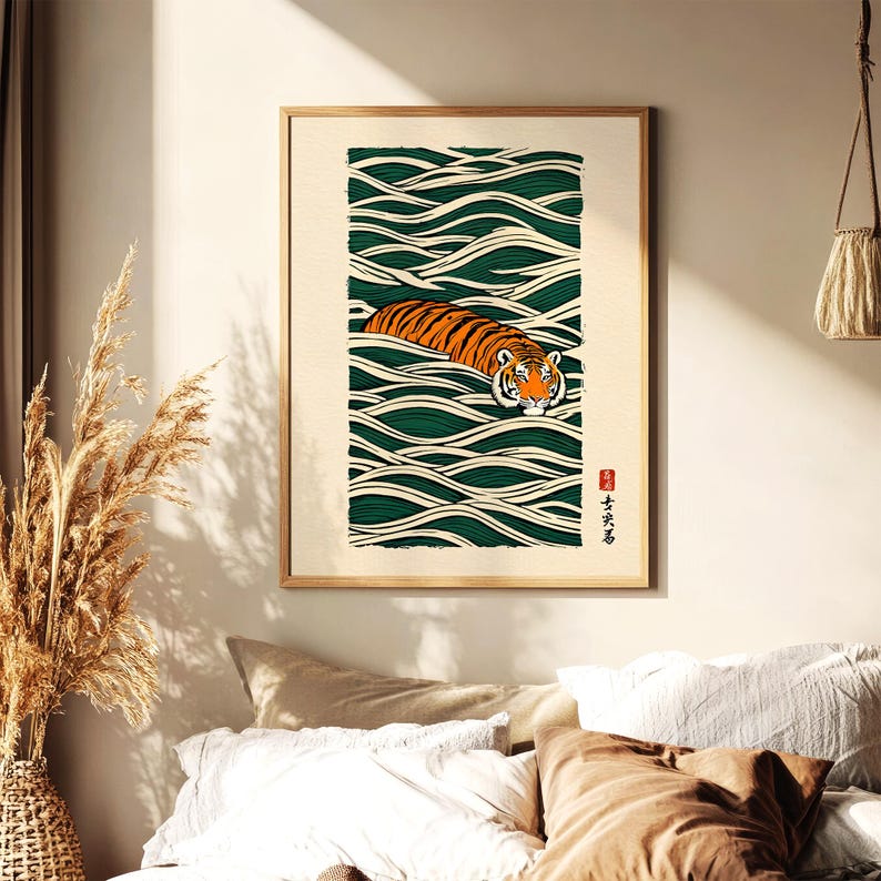 May include: A framed art print featuring a tiger swimming in stylized green and white waves. The tiger has orange and black stripes with a white face and orange accents. The artwork is in a wooden frame.