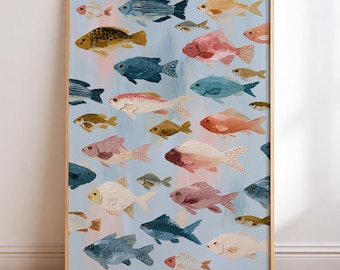 Coastal Fish Wall Art, Hand Painted School of Fish, Ocean Nursery Wall Decor, Beach House Seaside Print, Gift for Ocean Lover, Colorful Art