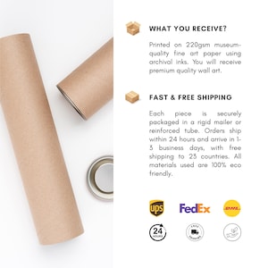 May include: Two brown cardboard tubes, one partially unrolled, and a metal lid on a white surface. The text "WHAT YOU RECEIVE?" and "FAST & FREE SHIPPING" are visible, along with logos for shipping services.