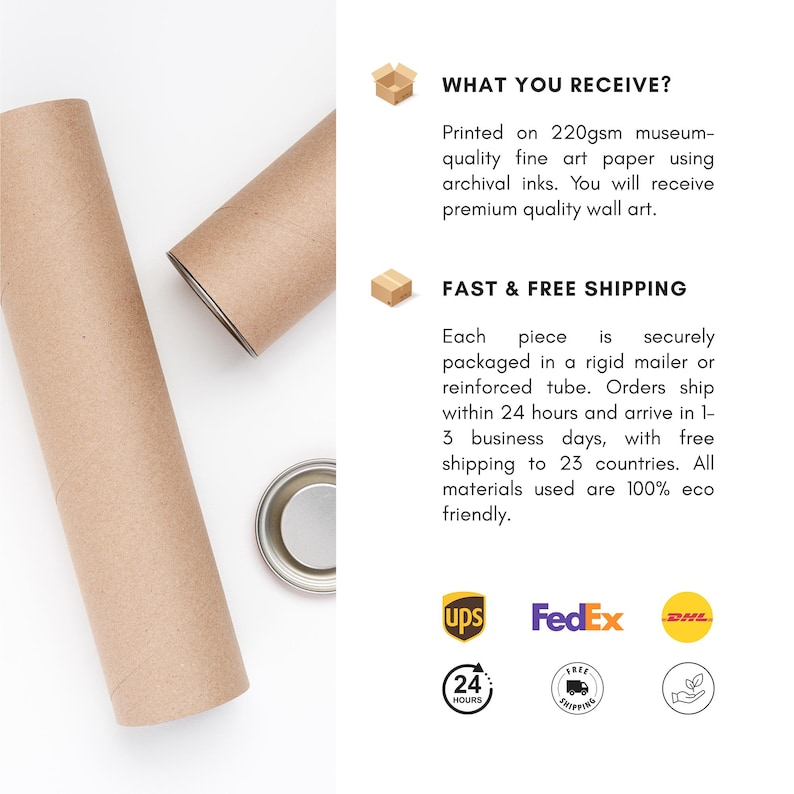 May include: Two brown cardboard tubes, one partially unrolled, and a metal lid on a white surface. The text "WHAT YOU RECEIVE?" and "FAST & FREE SHIPPING" are visible, along with logos for shipping services.