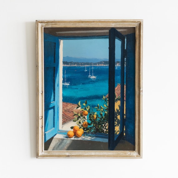 Coastal Mediterranean Window Wall Art, Summer Seaside Painting, Ocean View Seascape, Nautical Home Decor, Orange Tree Still Life, Beach Gift
