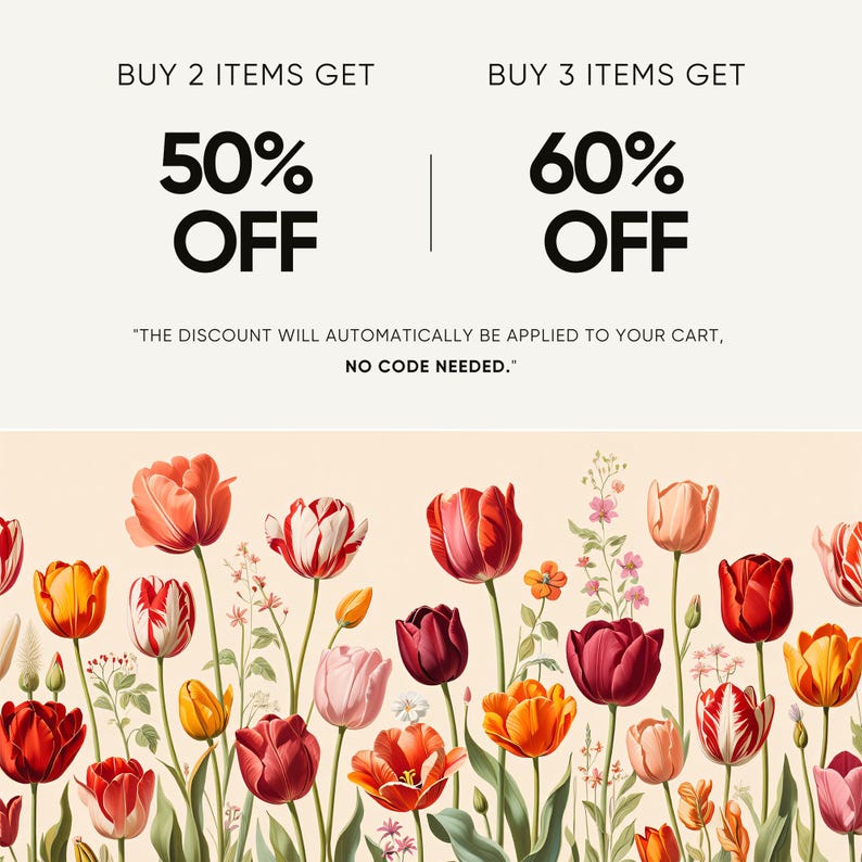 Tulip Wall Art Print | Retro Tulip Field Painting | Floral Illustration ...