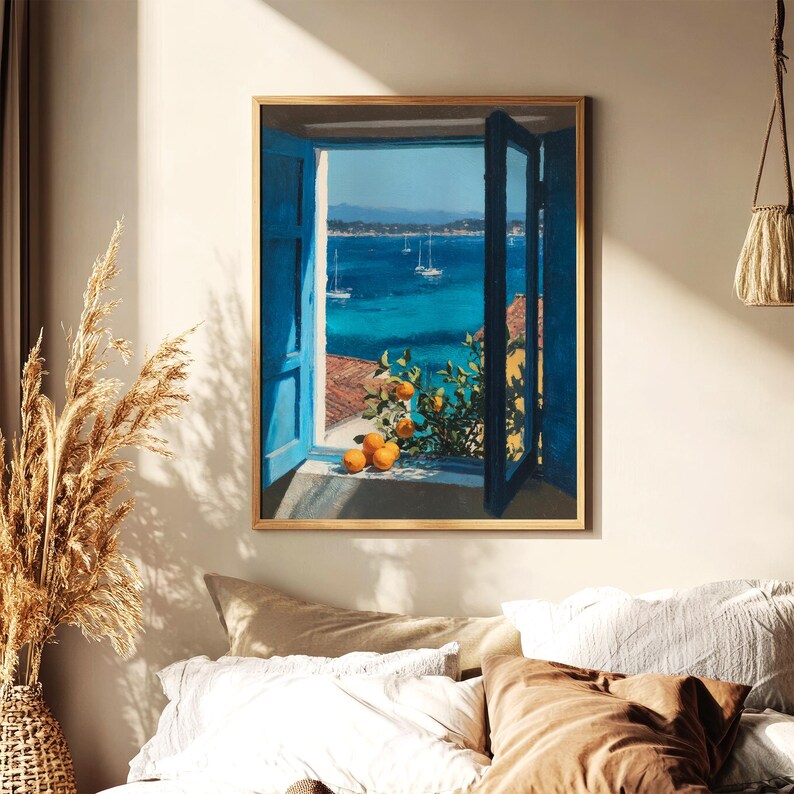 Coastal Mediterranean Window Wall Art, Summer Seaside Painting, Ocean View Seascape, Nautical Home Decor, Orange Tree Still Life, Beach Gift image 7