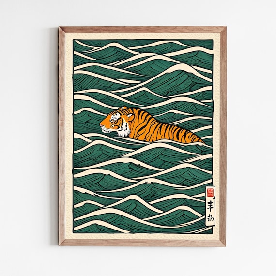 Japanese Tiger Wall Art | Ukiyoe Style Vintage Print | Swimming Tiger Poster | Minimalist Animal Print | Asian Inspired Decor | Oriental Art