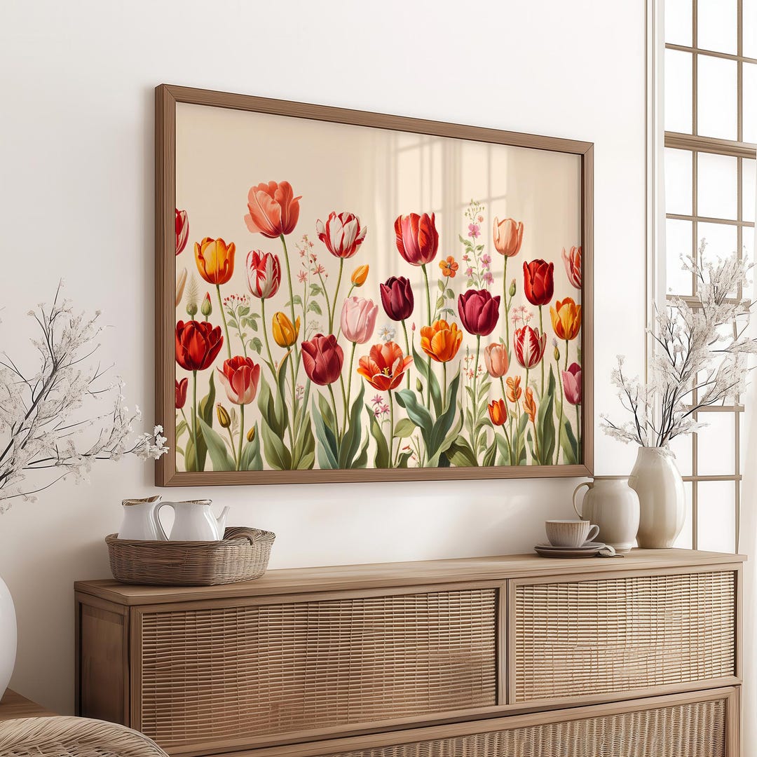 Tulip Wall Art Print | Retro Tulip Field Painting | Floral Illustration ...