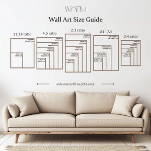 May include: A wall art size guide with various rectangular frame sizes, including 11x14 inches, 16x20 inches, and 24x36 inches. The guide also indicates that the sofa size is 85 inches. The text "Wall Art Size Guide" is at the top.