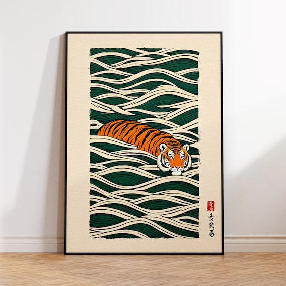Japanese Tiger Wall Art | Vintage Ukiyo-e Tiger Print | Minimalist Asian Animal Poster | Swimming Tiger Wall Decor | Asian Tiger Home Decor