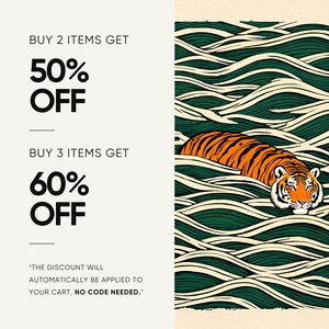 May include: An illustration of a tiger swimming in stylized green and white waves. The image includes text offering 50% off when buying 2 items and 60% off when buying 3 items. The text also states that the discount is automatically applied.
