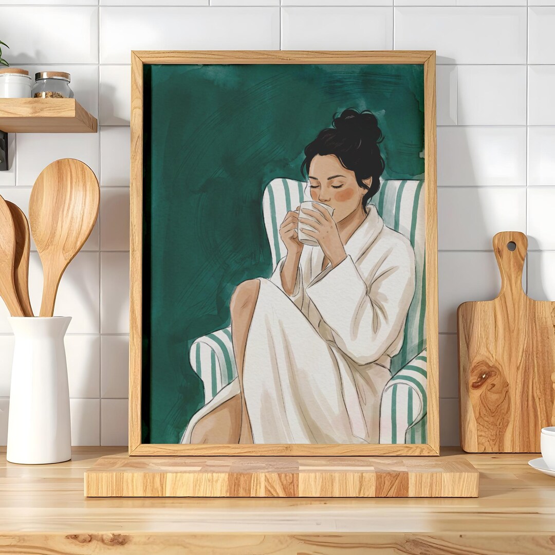 Coffee Wall Art | Emerald Green Woman Print | Modern Abstract People ...