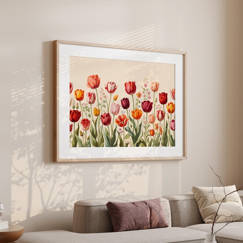 Tulip Wall Art Print | Retro Tulip Field Painting | Floral Illustration ...