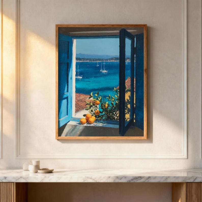 Coastal Mediterranean Window Wall Art, Summer Seaside Painting, Ocean View Seascape, Nautical Home Decor, Orange Tree Still Life, Beach Gift image 4
