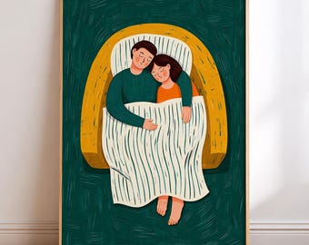 May include: A framed wall art print featuring a stylized illustration of two figures embracing while lying under a white blanket with thin blue stripes. The figures are positioned within a large yellow arch against a dark green textured background.