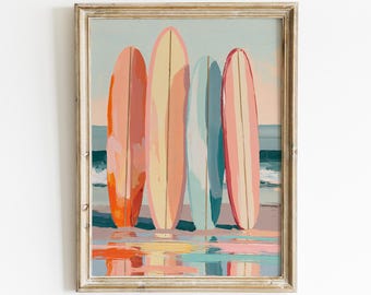 Coastal Surfboard Wall Art, Beach House Wall Art, Summer Coastal Decor, Gift for Surfer, Pastel Beach Scene, Seaside Wall Art, Ocean Beach