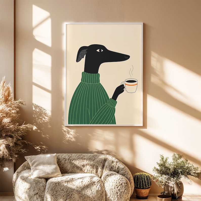 Greyhound Dog Art Print | Coffee Dog Art | Green Sweater Greyhound Art | Kitchen Decor for Dog Lovers | Funny Pet Gift | Modern Animal Print image 6