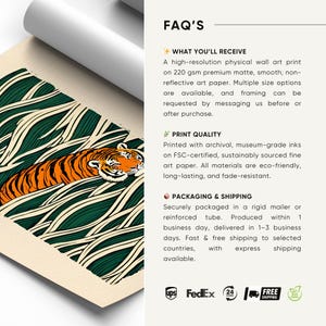 May include: A rolled-up art print featuring a stylized orange tiger resting in green and cream-colored foliage. The print is on matte paper and is part of a wall art collection.