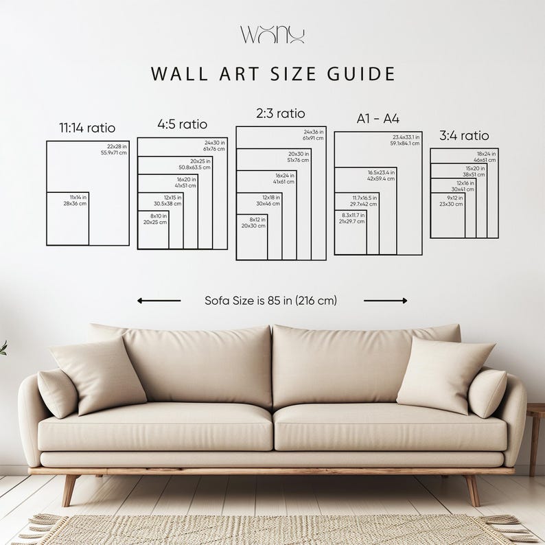 May include: Wall art size guide showing different aspect ratios: 11:14, 4:5, 2:3, A1-A4, and 3:4. Dimensions are provided in inches and centimetres. The sofa size is 216 cm (85 inches).
