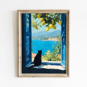 Coastal Mediterranean Wall Art, Lemon Summer Seascape Painting, Cat Lover and Beach Decor, Summer Coastal Home Art, Sunlit Lemon Home Decor